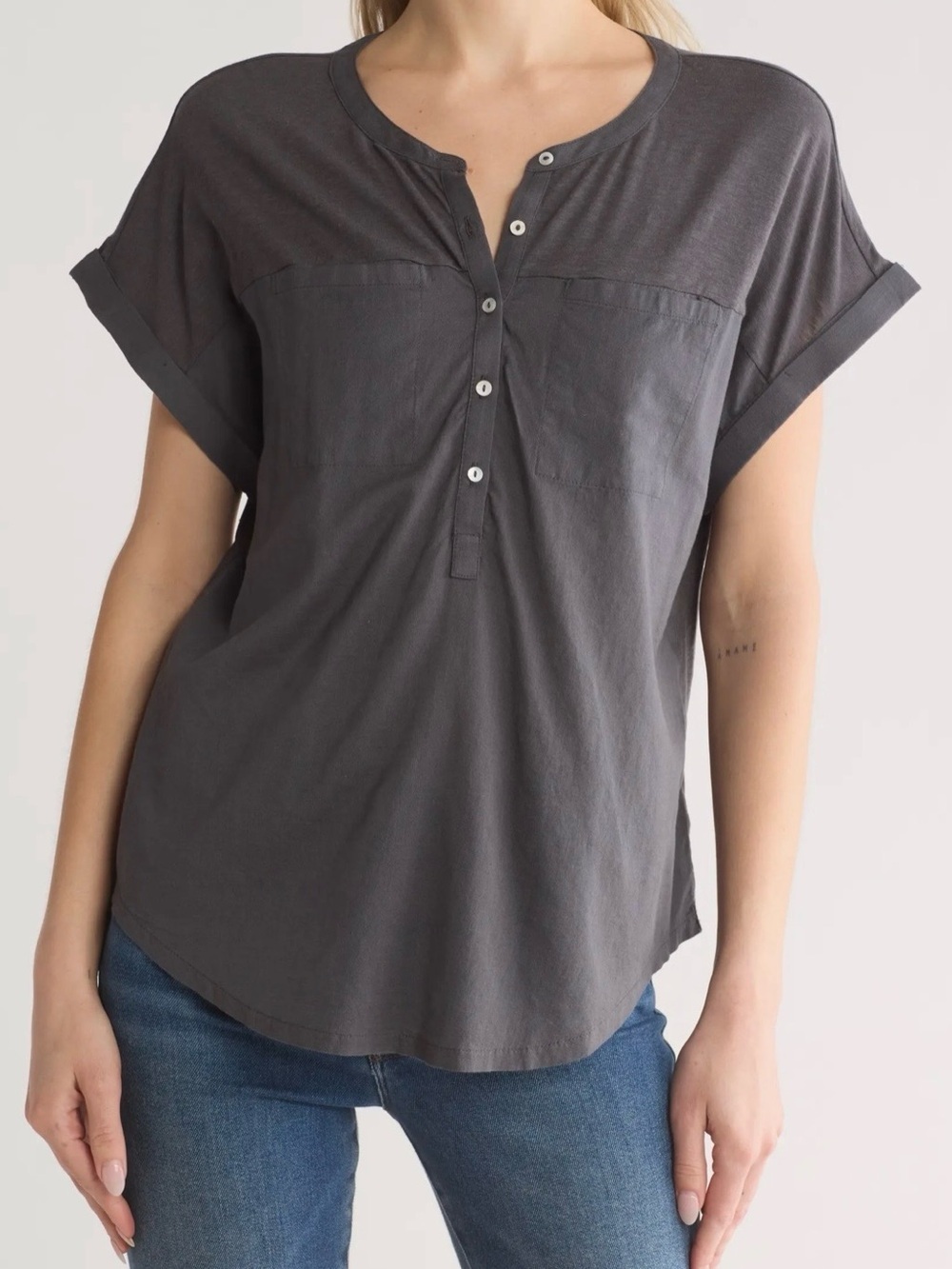 Lucky Brand Mixed Media Short Sleeve Cotton & Modal Henley Tee Wmn’s S